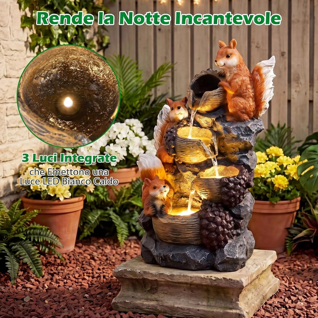 Fontana a Cascata, Fontana da Esterno ed Interno con 4 Luci LED e Flusso d'Acqua Rilassante, Fontana a Forma di Scoiattolo e Nocciola in Resina Selezionata, 34 x 25 x 59 cm