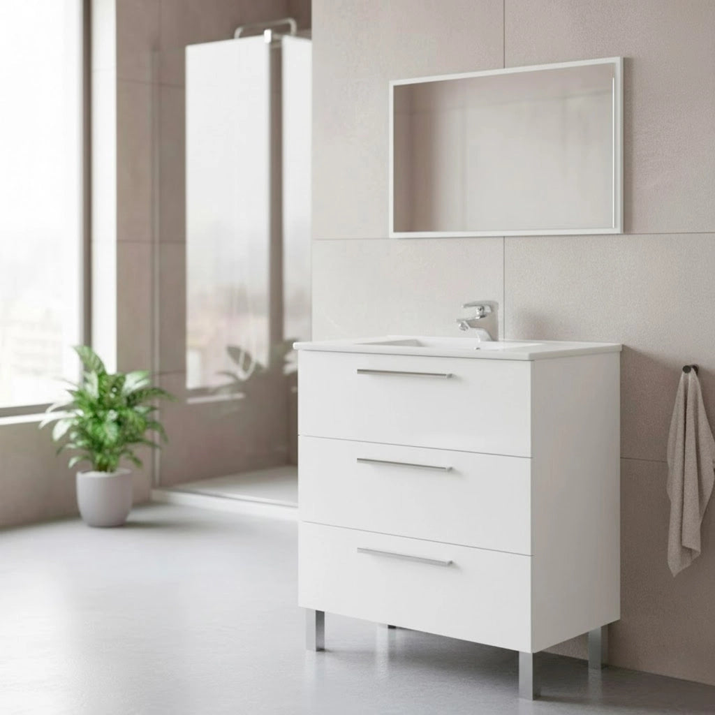 Mobile Bagno A Terra Con 3 Cassetti Lavabo In Ceramica E Specchio 77 X 50 Cm Inclusi Design Moderno Salvaspazio Elegante E Funzionale 80 X 45 X 86 Cm Colore Bianco