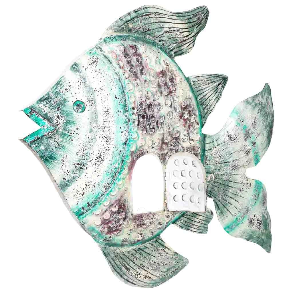 Portacandele pesce in metallo invecchiato blu-grigio, 120x9x100h cm
