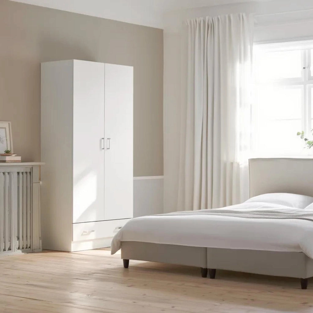 Armadio Multiuso Design Moderno Con 2 Ante E 1 Cassetto Salvaspazio Con Ripiani Interni E Vano Contenitore Per Camera Da Letto O Ingresso 79.4 X 35.7 X 170.4 Cm Bianco