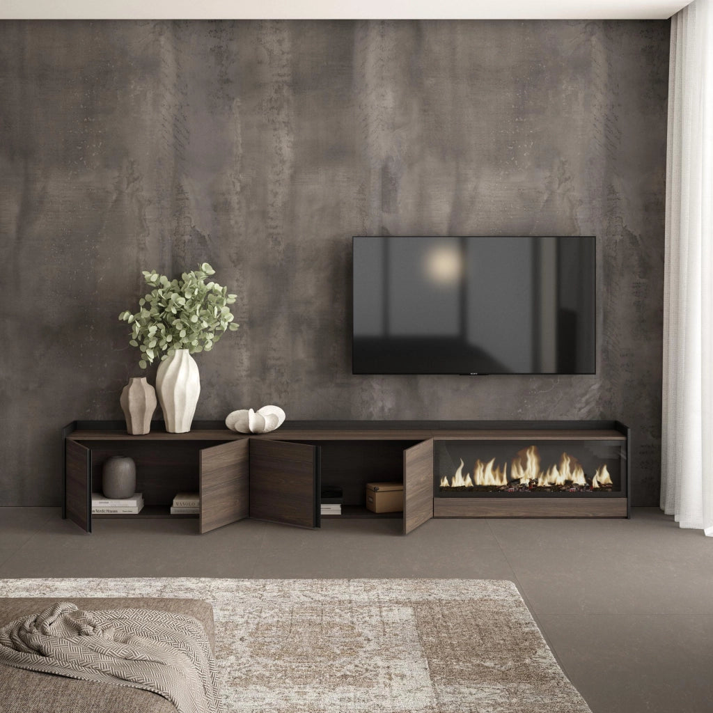 Mobile TV Soggiorno, 315x50x35 cm, Per TV fino a 80", Camino elettrico XXL, Rovere scuro e Nero