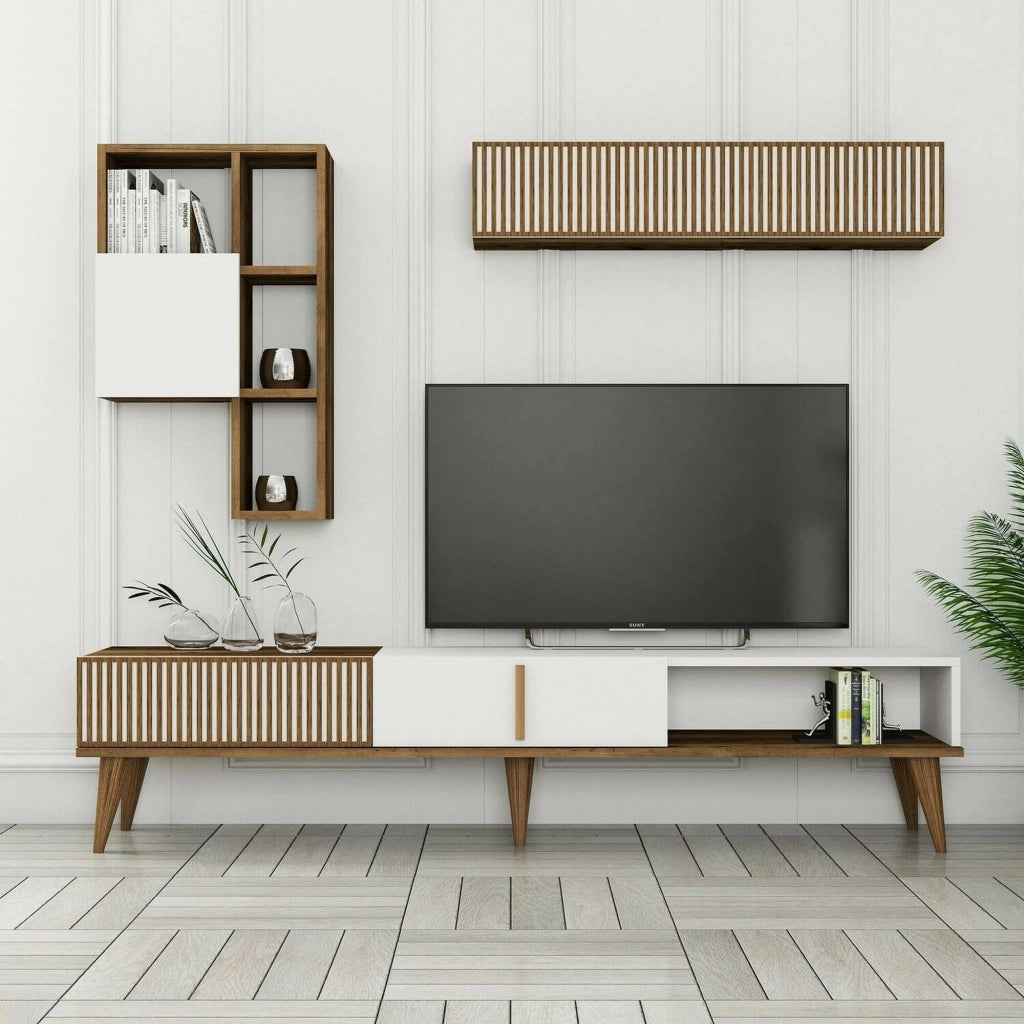 Parete attrezzata Ostro, Composizione soggiorno, Mobile salotto multiuso, Armadio porta TV, 180x35h40 cm, Noce e Bianco