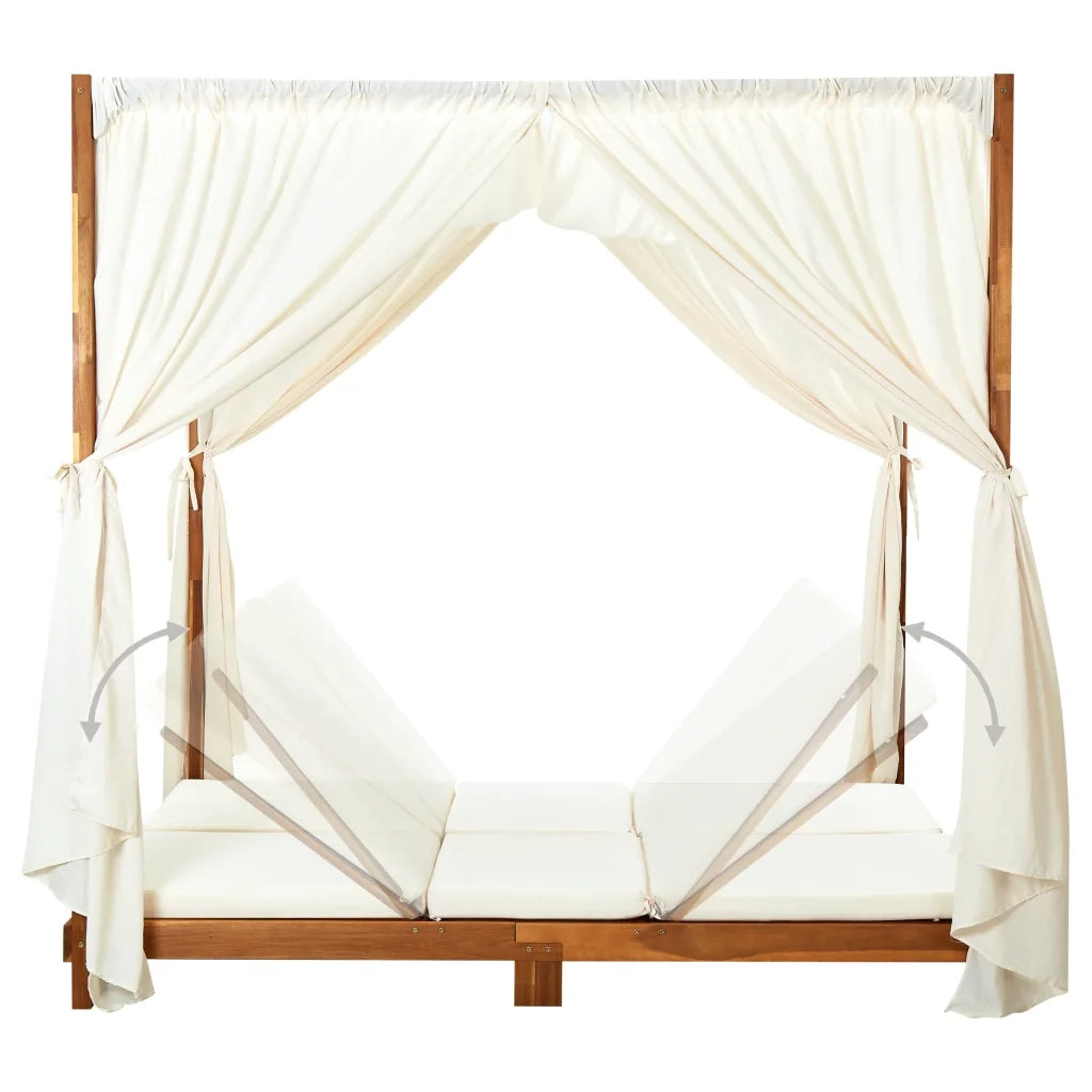Lettino Prendisole Doppio con Tende e Cuscini in Legno Acacia cod mxl 41584