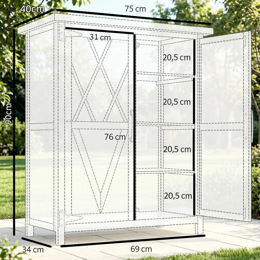 Armadio da giardino in legno di abete, giallo, con 2 ante e 3 ripiani, 75x40x90 cm