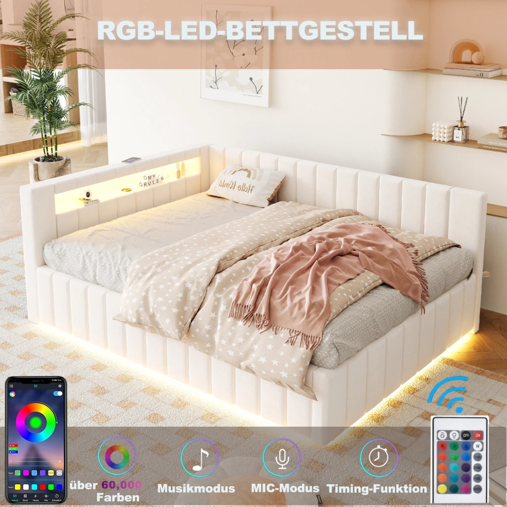 Letto Contenitore 140x200 cm; con LED e USB; in Velluto Beige; con Testiera e Schienale