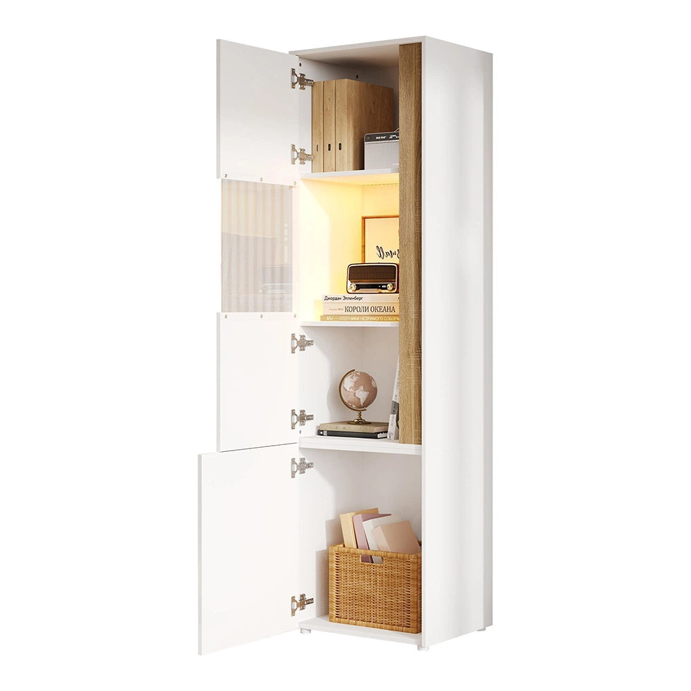 Armadio vetrina con illuminazione LED - Xylo - 50x40x179 cm - Bianco e naturale
