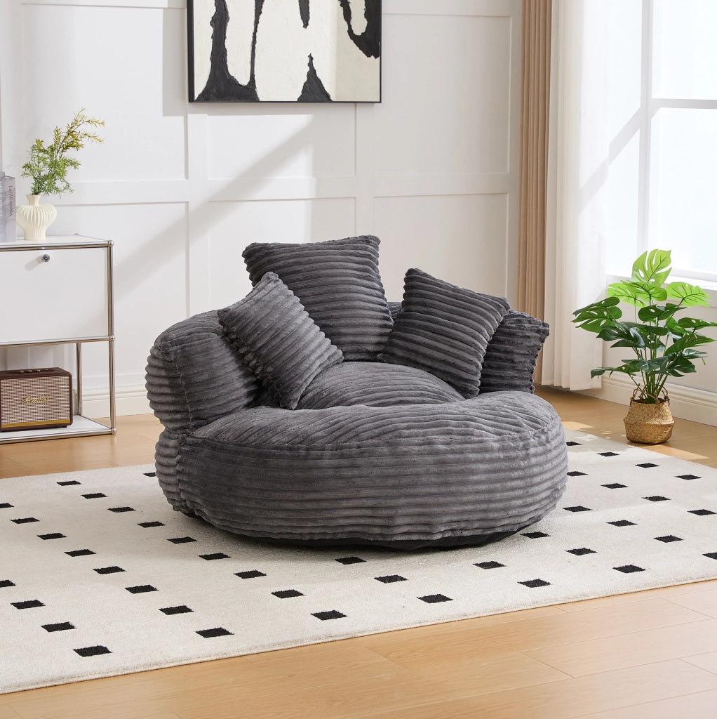 Poltrona sacco in velluto a coste con schienale alto e braccioli; 108 x 108 x 52 cm; grigio scuro