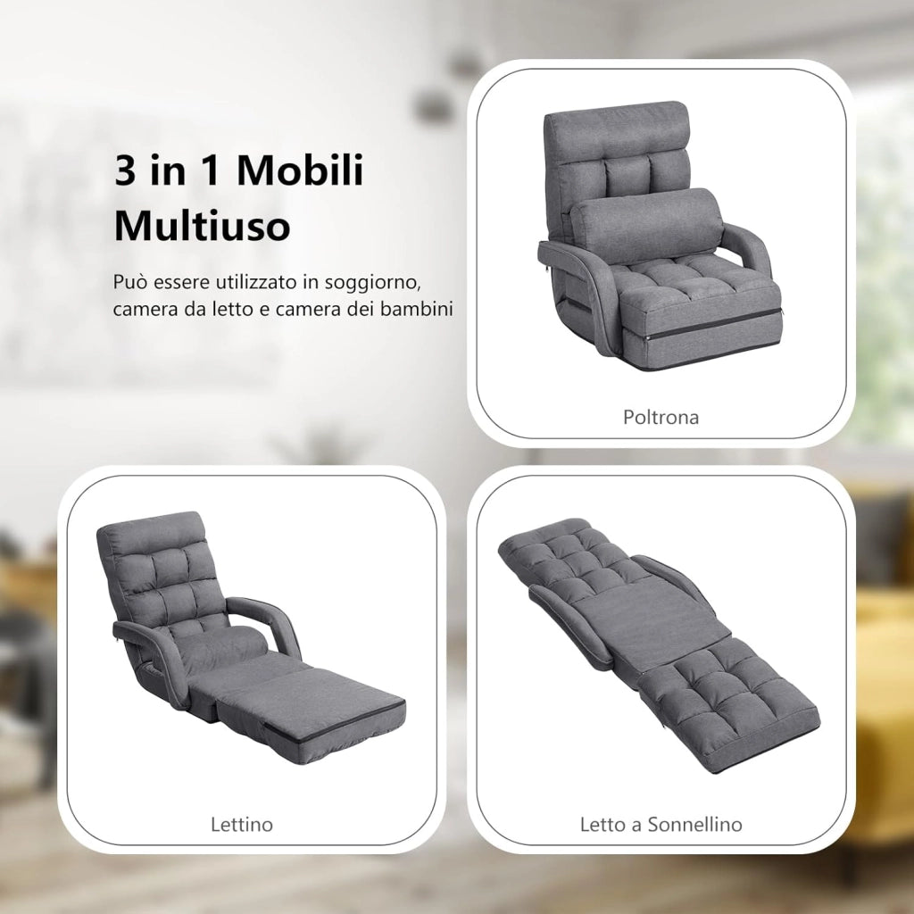 Poltrona Divano con 5 Livelli Regolabili, Sedia da Terra con Braccioli e Cuscino, Struttura in Acciaio, Multifunzione e Pieghevole per Soggiorno Camera da Letto, 55x66x71 cm (Grigio)