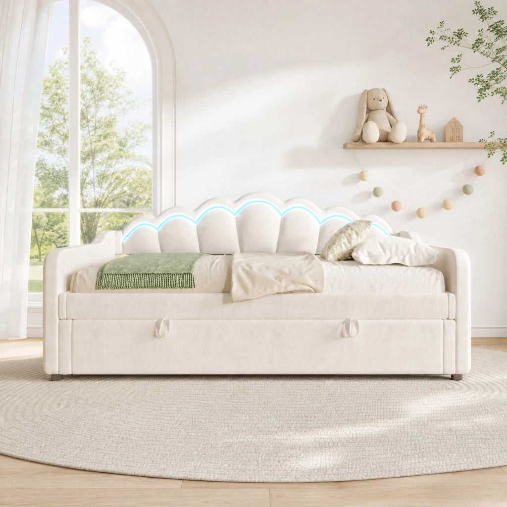 Letto a divano con contenitore 90x200 cm in velluto beige; con LED e sollevamento idraulico