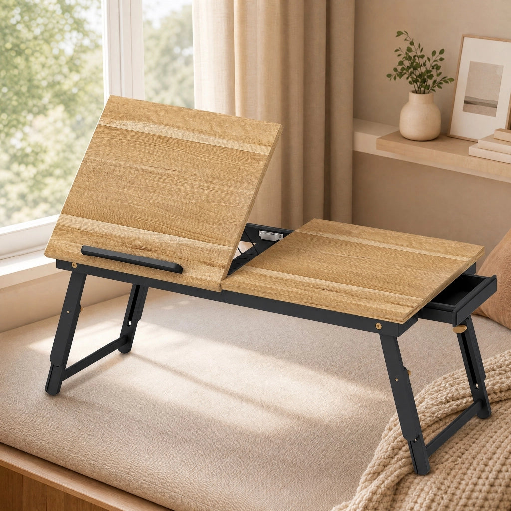 Tavolino da letto 83.5x33x23.5-34 cm regolabile e pieghevole in bambù naturale