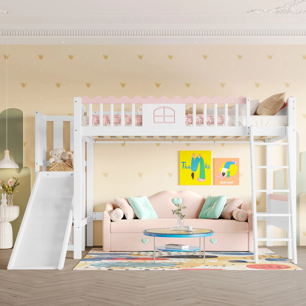 OKWISH Letto a Soppalco 90×200 cm, Letto Singolo con LED, 3 Mensole e Scivolo, senza Materasso, in Pino e MDF, Bianco