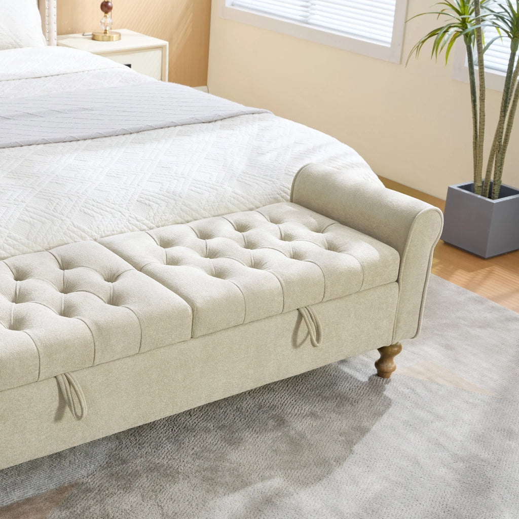 Banca contenitore con doppio coperchio e seduta in chenille con gambe in legno massiccio greige 134,5 × 30,0 × 49,0 cm