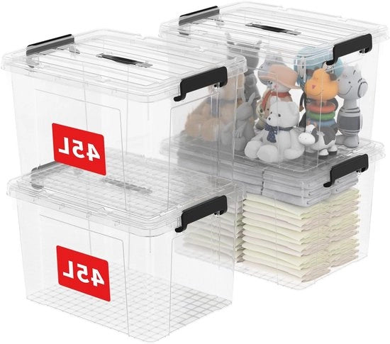 Set di contenitori di plastica per l'archiviazione con coperchi - Set di 4 (45L) - Contenitore organizzatore con maniglia e chiusura a gomito
