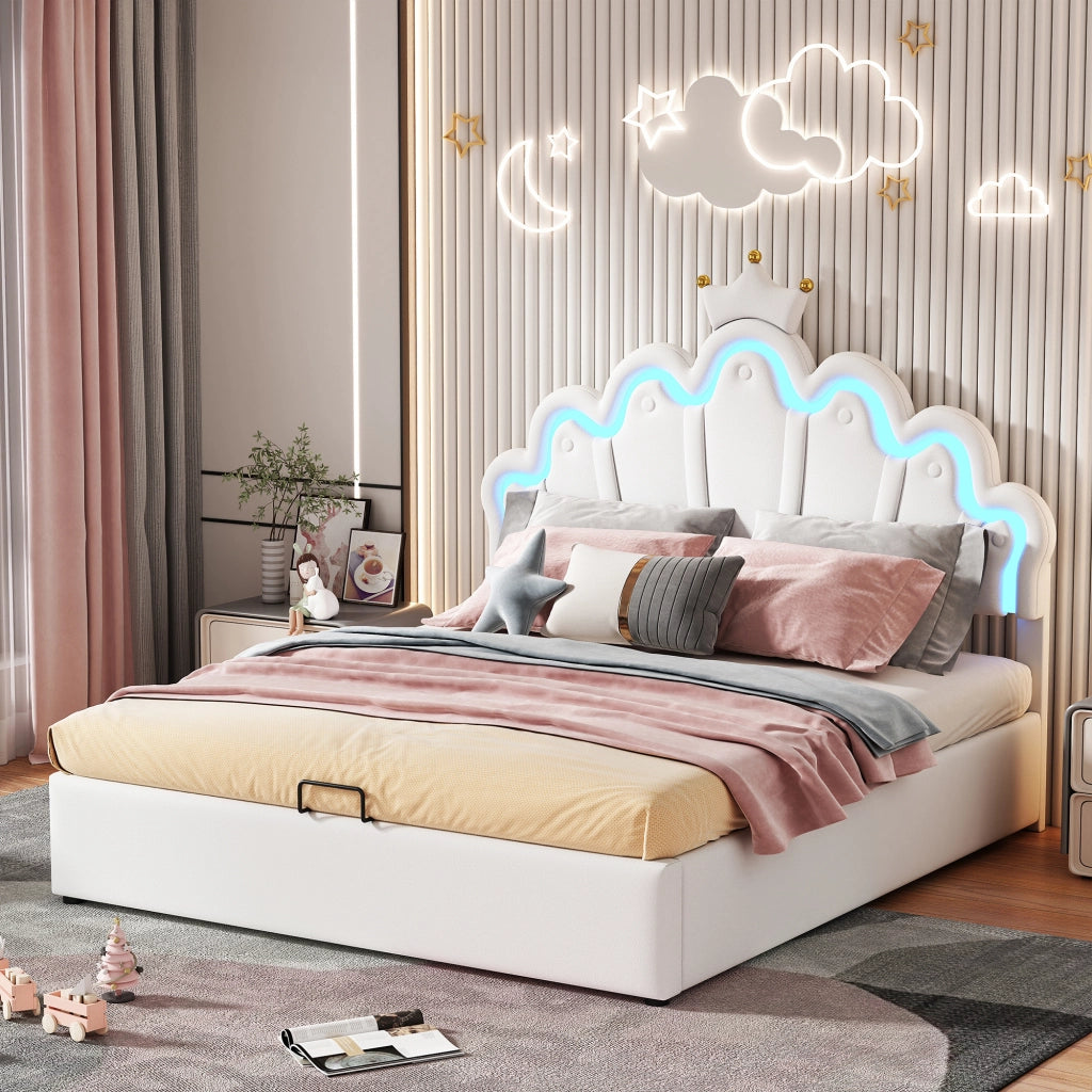 OKWISH Letto Contenitore 140×200 cm, Letto Matrimoniale con LED Regolabile e Testiera a Corona, senza Materasso, in PU, Bianco