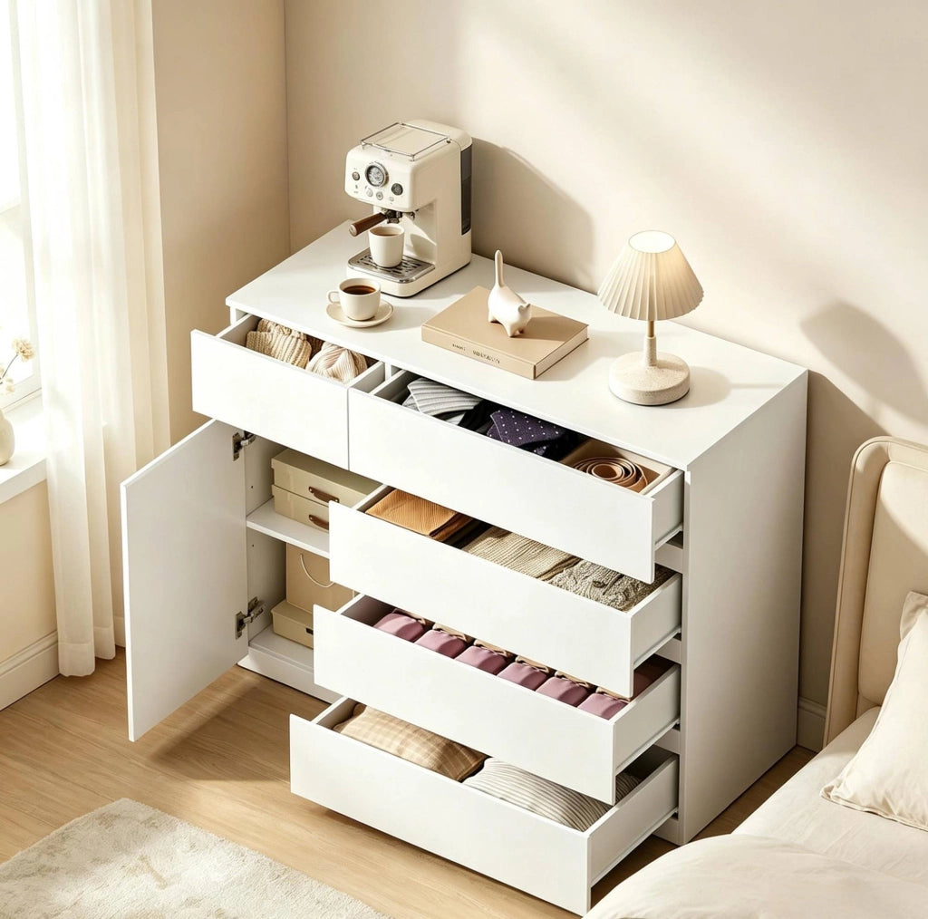 Armadio moderno bianco con 5 cassetti e ripiano regolabile, 100x40x80 cm