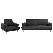 Set da salotto a 4 posti con divano in tessuto e poltrona braccioli svasati in stile moderno nero