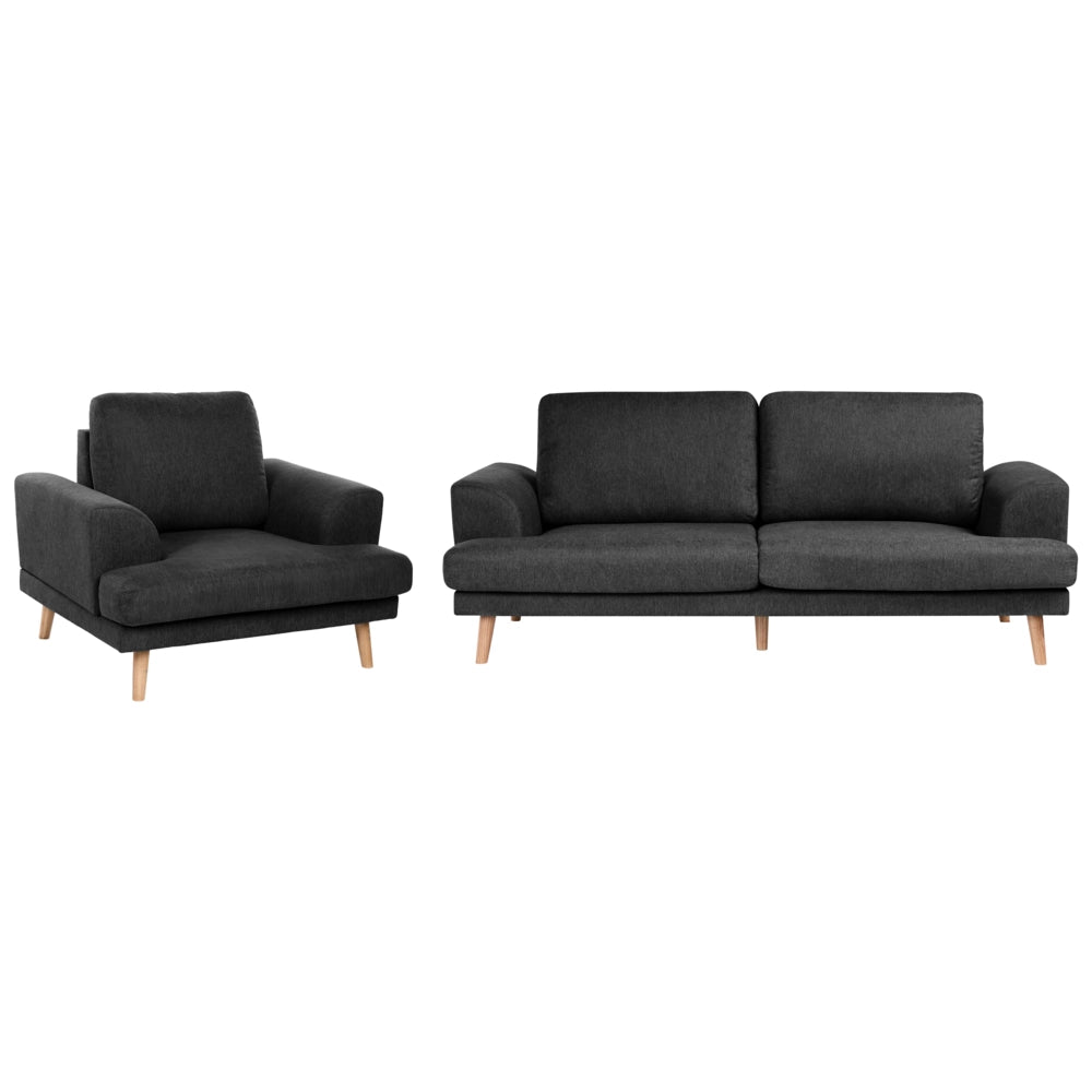 Set da salotto a 4 posti con divano in tessuto e poltrona braccioli svasati in stile moderno nero