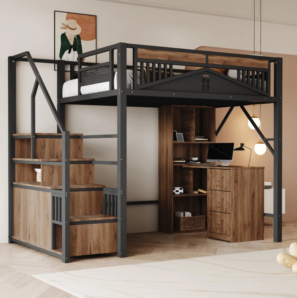 Letto a soppalco in metallo 140x200 cm con scale laterali; sponda finestrata e contenitore; nero