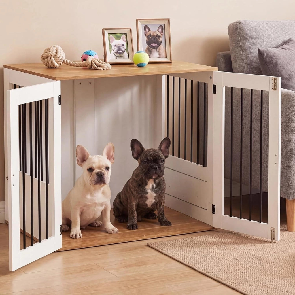 Cuccia per Cani da Interno, Gabbia per Cane Piccolo e Midio con 2 Ciotole Girevoli, 2 Porte e Chiusura di Sicurezza, Casetta per Cuccioli, 80 x 66,5 x 71,5 cm