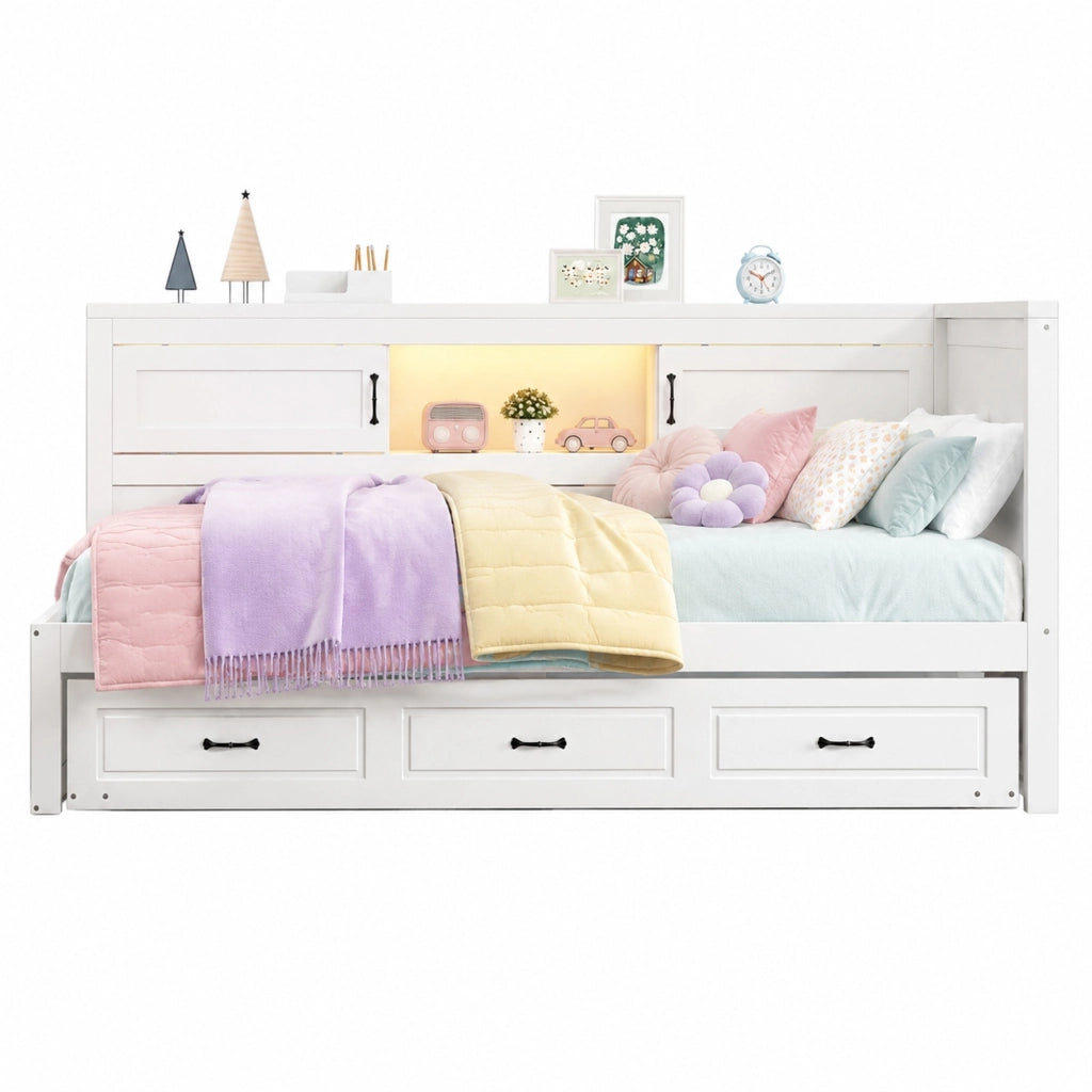 Divano letto 90x200 cm con letto estraibile; LED; prese e USB; bianco