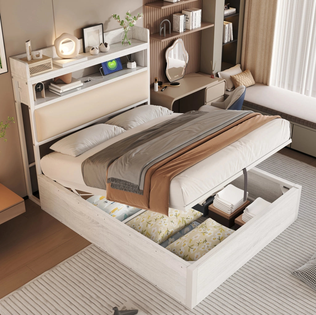 Letto 90x200 cm con contenitore idraulico e USB; testiera con vano in metallo; legno e tessuto bianco