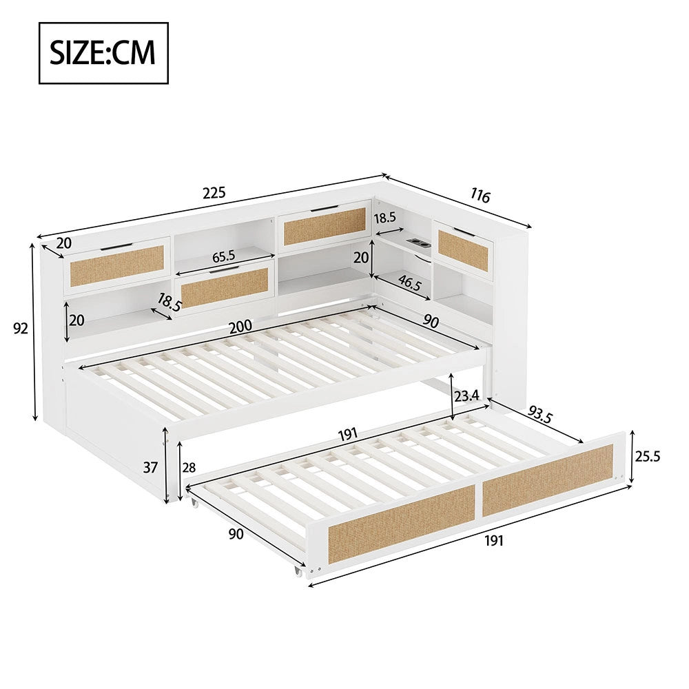 Divano letto legno - Xylo - 90x200 cm gigogne USB bianco