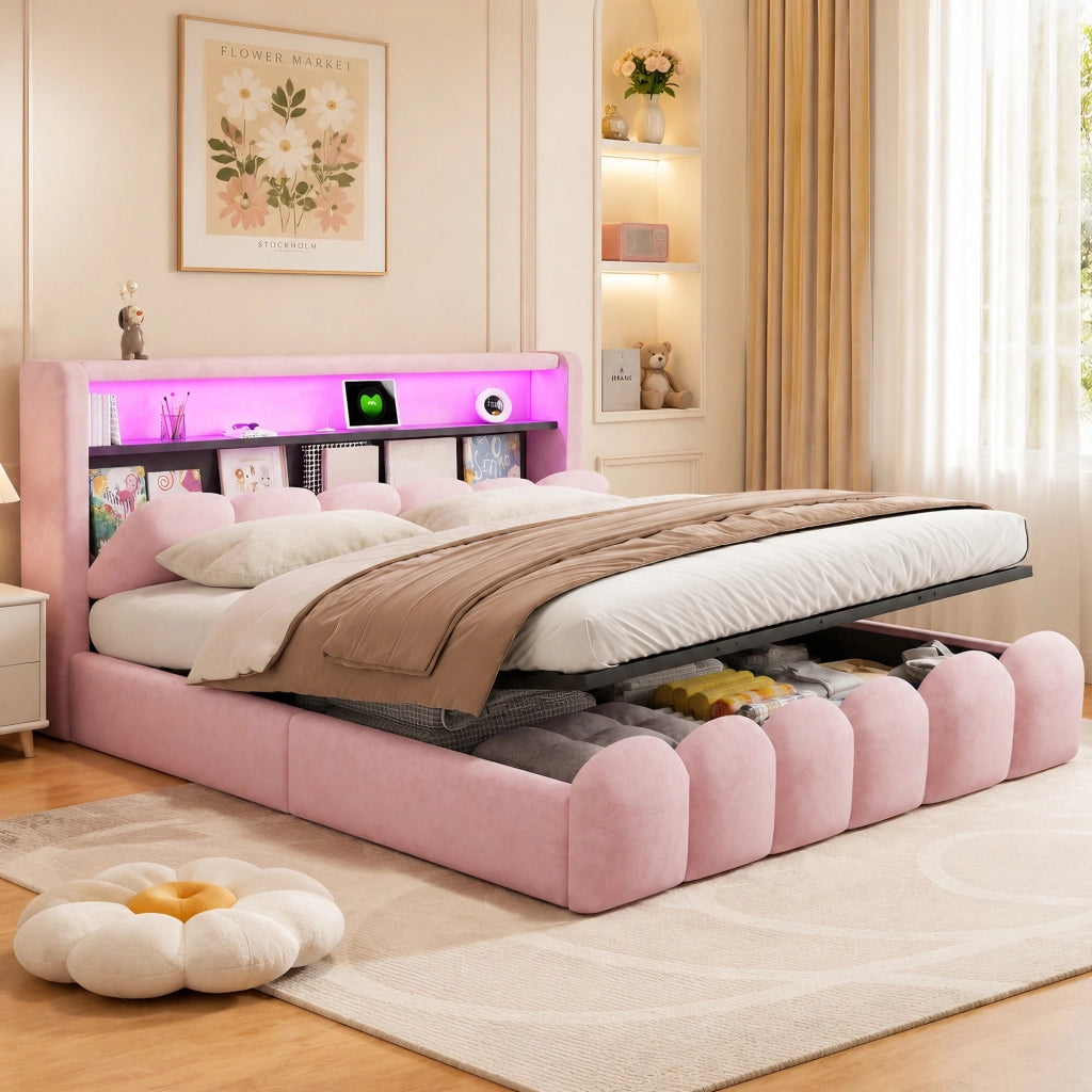 Letto matrimoniale contenitore 180x200 cm con testiera a petalo; LED; USB e USB-C; imbottito in velluto rosa