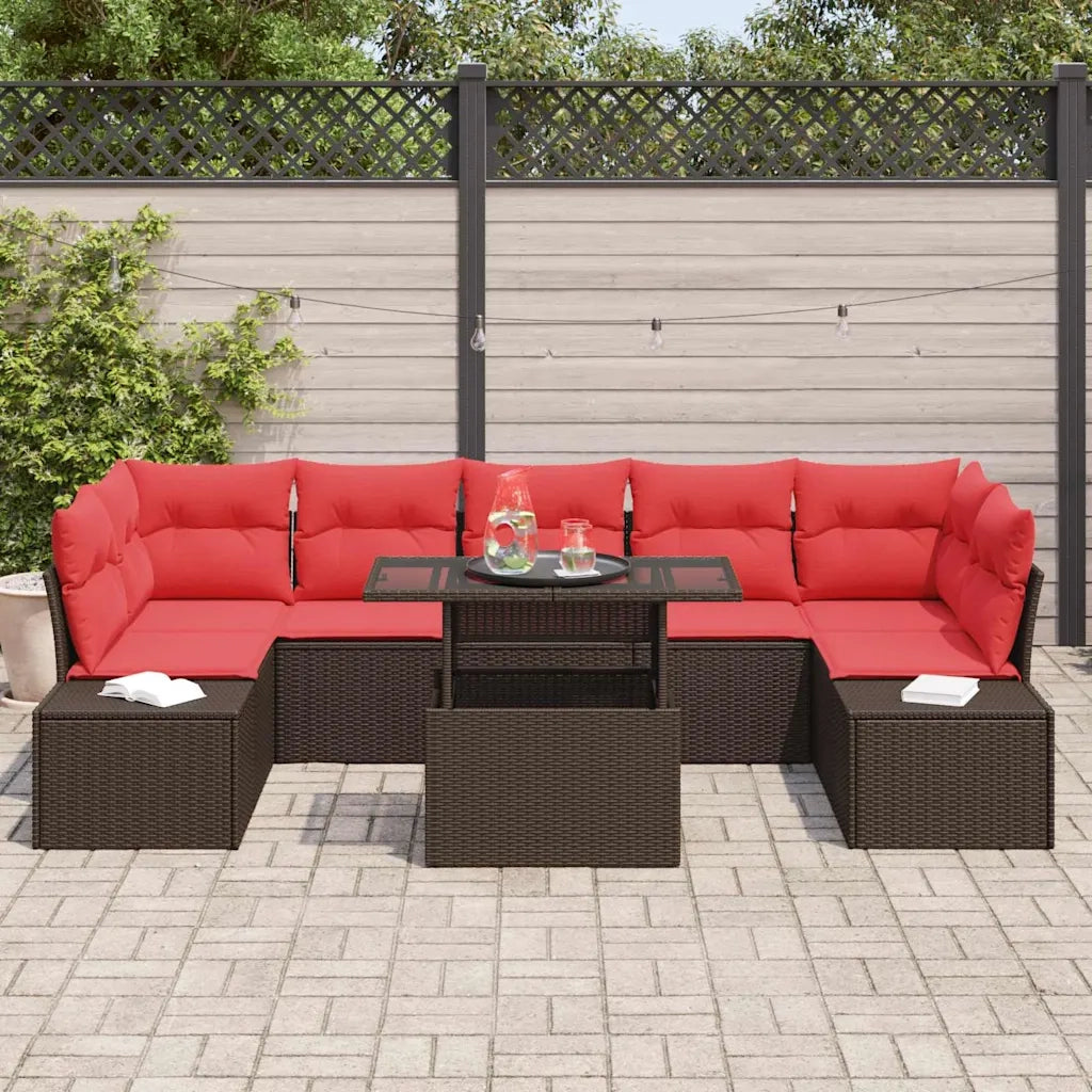 Set Divano da Giardino 8 pz 7-Numero di posti Marrone e Rosso 3357877