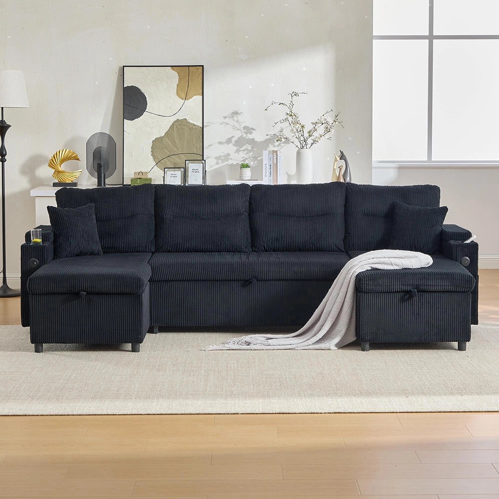 Divano moderno in velluto per 4 persone - Xylo - Chaise longue, spazio di archiviazione, porta bevande, porte USB, funzione letto, Nero