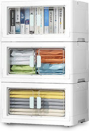 3 casse di archiviazione in plastica con coperchio, grandi, 50 l, x 3 stivellabili, contenitore pieghevole per archiviazione, per finestra di ingresso per accesso semplice, contenitori mobili per armadio, giocattoli