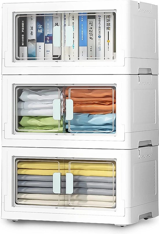 3 casse di archiviazione in plastica con coperchio, grandi, 50 l, x 3 stivellabili, contenitore pieghevole per archiviazione, per finestra di ingresso per accesso semplice, contenitori mobili per armadio, giocattoli