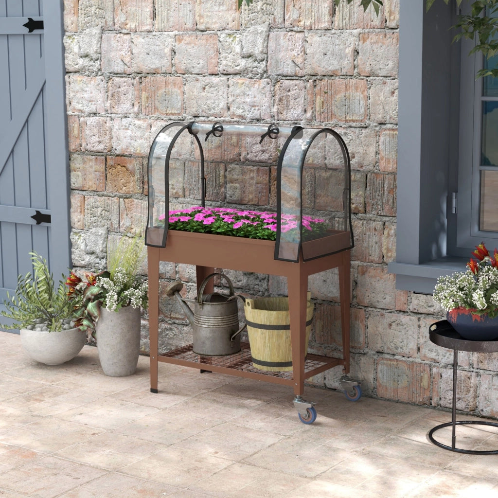 Fioriera Rialzata con Mini Serra per Piante, Ruote e Ripiano, 80x40x120cm, Marrone