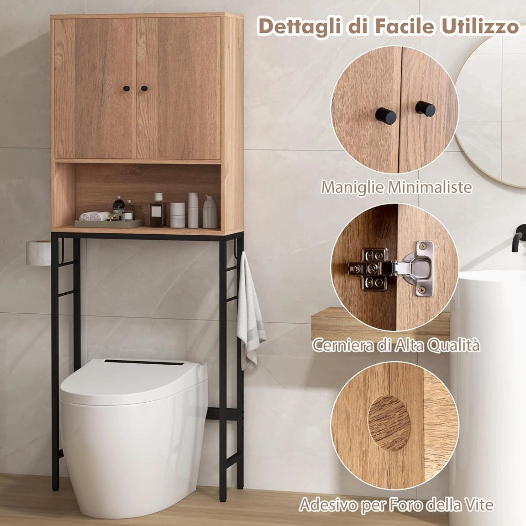 Scaffale Bagno 165,5 cm Sopra WC, Mobile Bagno Salvaspazio con 2 Porte, Ripiano Regolabile, Bara Inferiore Regolabile, 2 Ganci Laterali, Organizzatore sopra Gabinetto per Lavanderia (Naturale)