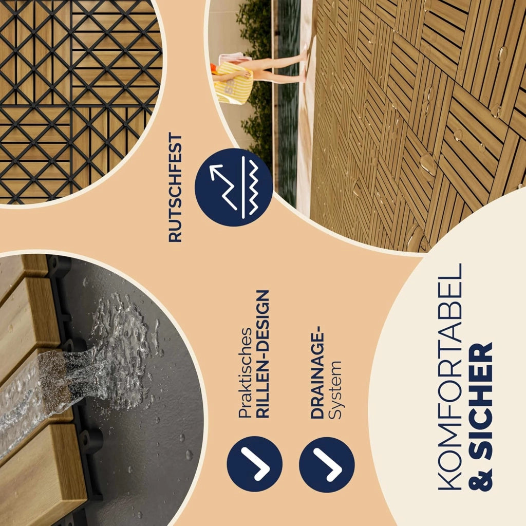 Casaria Piastrelle Legno Acacia 44pz Certificato FSC® Mattonelle 4m² ad Incastro 30x30cm Esterno Mosaico Quattro