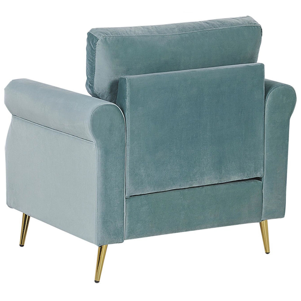 Poltrona Verde Menta Rivestimento Tessuto Velluto Gambe In Metallo dorato Cuscini Seduta E Schienale Sfoderabili Stile Retrò Glam