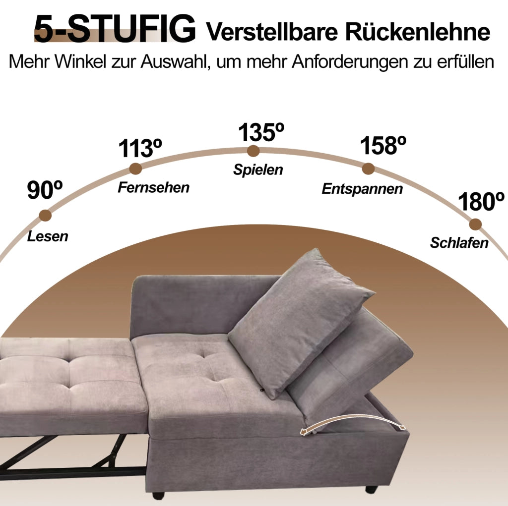Divano letto 3 in 1 con schienale regolabile a 5 posizioni; 177x68x65 cm; grigio