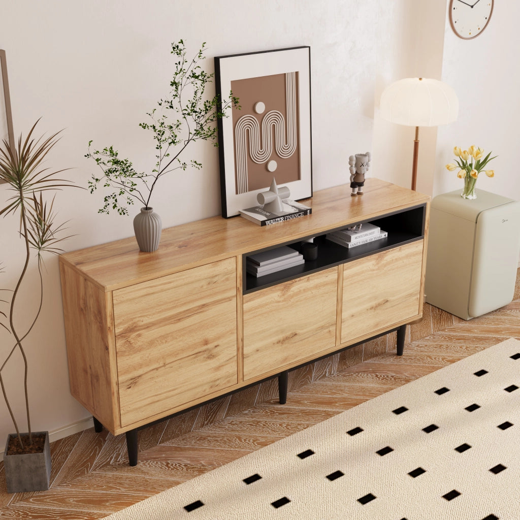 Credenza moderna con tre ante e ripiani in MDF per soggiorno e sala da pranzo 160 × 35 × 76 cm