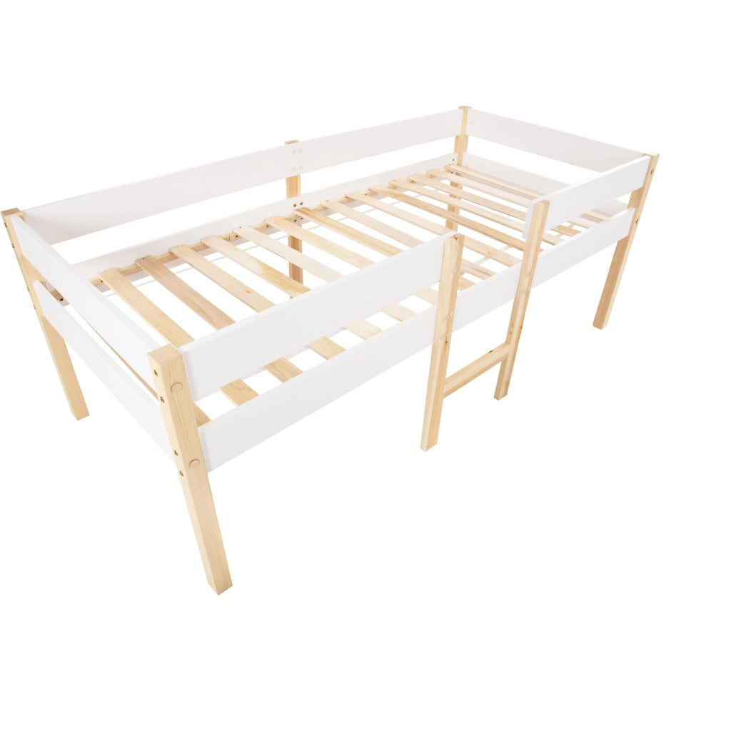 Letto bambino con cassetto e protezione anticasco in legno massello di pino bianco e rovere 90x190 cm