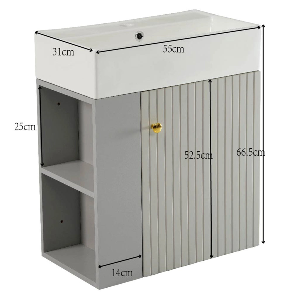 Mobile bagno con lavabo 55 cm, pannello a rilievo, grigio e bianco