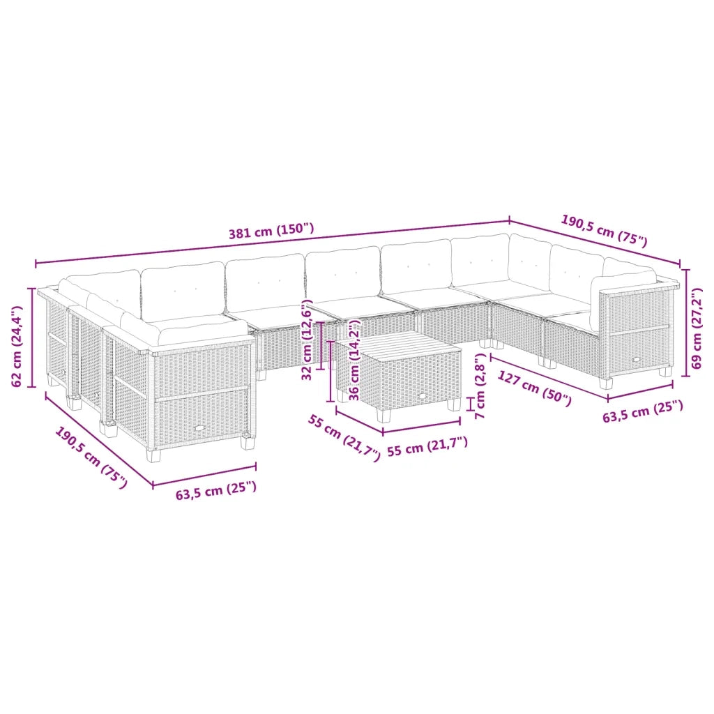 vidaXL Set Divani da Giardino 11 pz con Cuscini in Polyrattan Nero