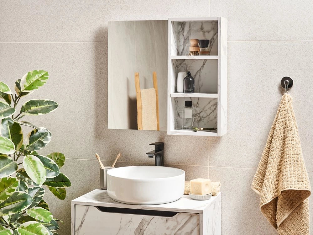 Mobiletto da bagno a parete con armadio a specchio effetto marmo bianco Finitura melaminica