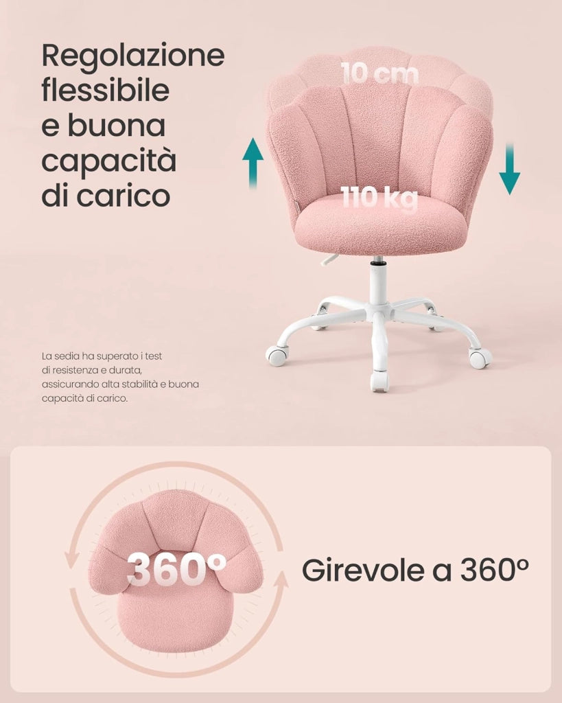 SONGMICS Sedia da Ufficio Girevole a 360°, Sedia da Trucco Imbottita, Tessuto Peluche, Regge 110 kg, Schienale a Petali, Altezza Regolabile, Soggiorno Camera da Letto, Rosa Pastello OBG030SA01