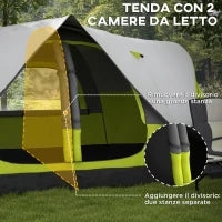 Tenda da Campeggio 6 posti con 2 Spazi Separati, in Poliestere e Fibra di Vetro, 450x215Px180 cm, Verde