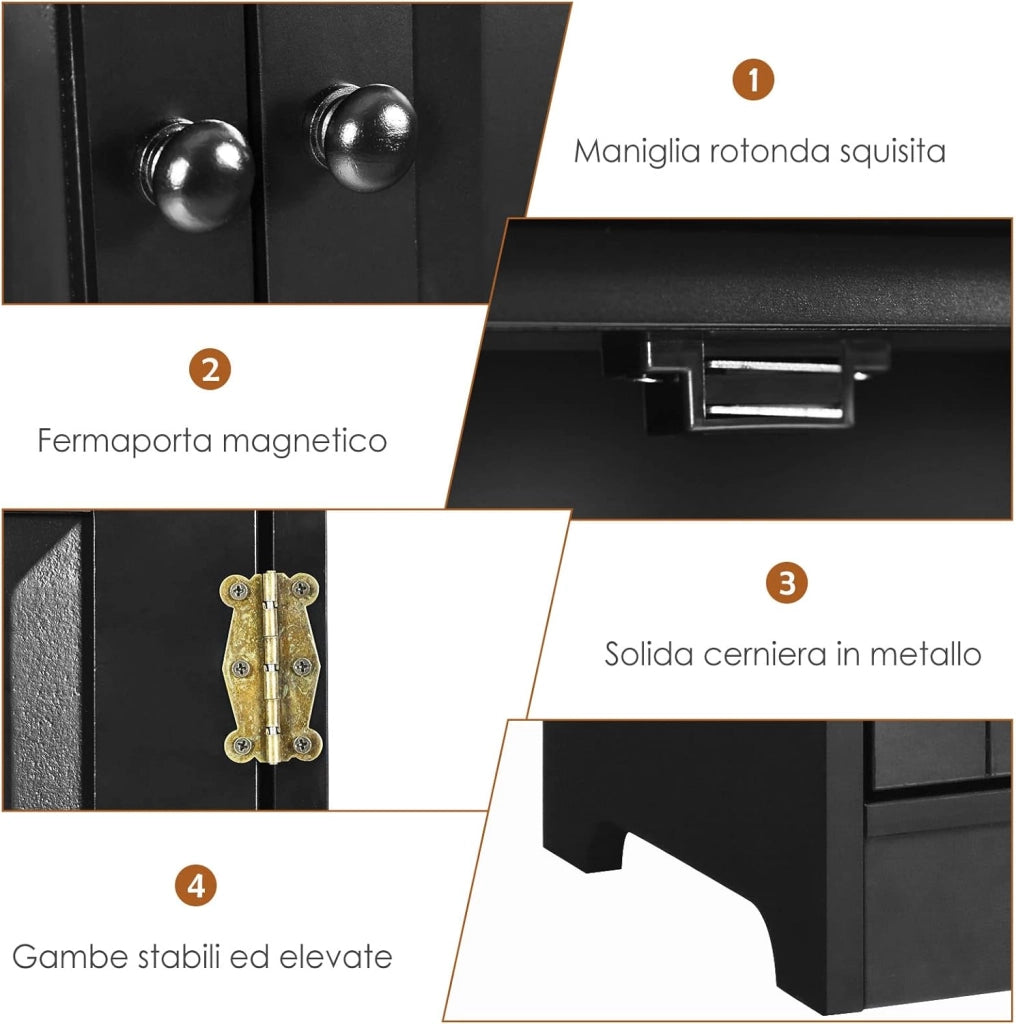 Mobile Multiuso, Armadio da Soggiorno, Credenza da Cucina in Legno, con 4 Ripiani, 58,5 x 31,4 x 123cm, Bianco e Nero (Nero)