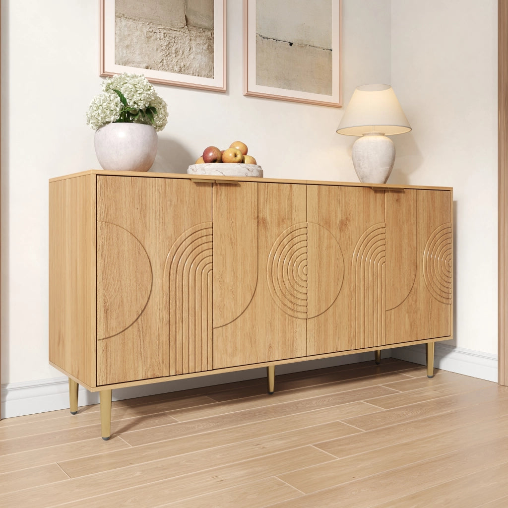 OKWISH Madia con 4 ante e ripiani regolabili, gambe in metallo, per soggiorno o sala da pranzo, MDF, naturale, 140 x 40 x 72 cm