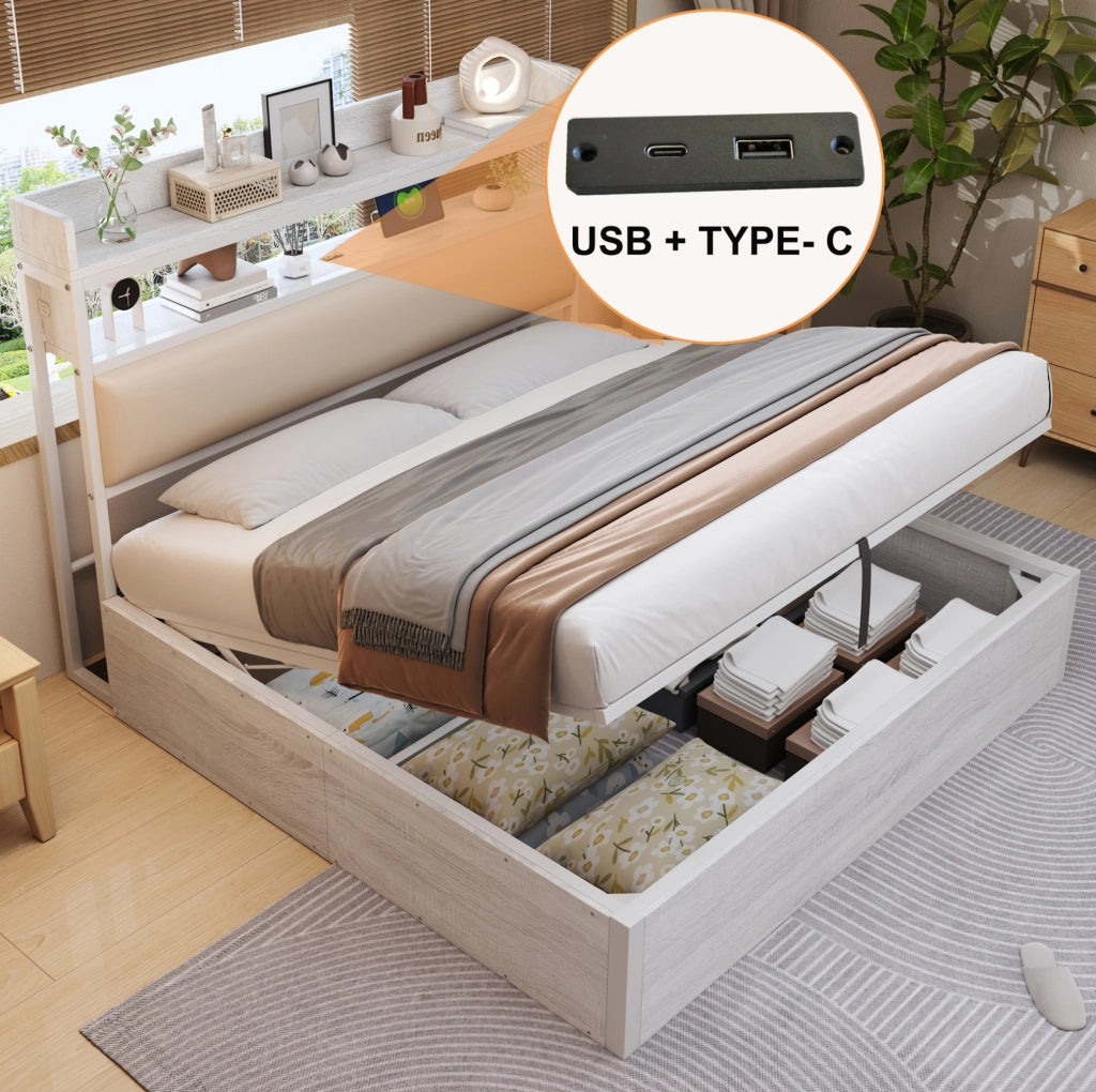 Letto 180x200 cm con contenitore idraulico in metallo; legno e tessuto bianco