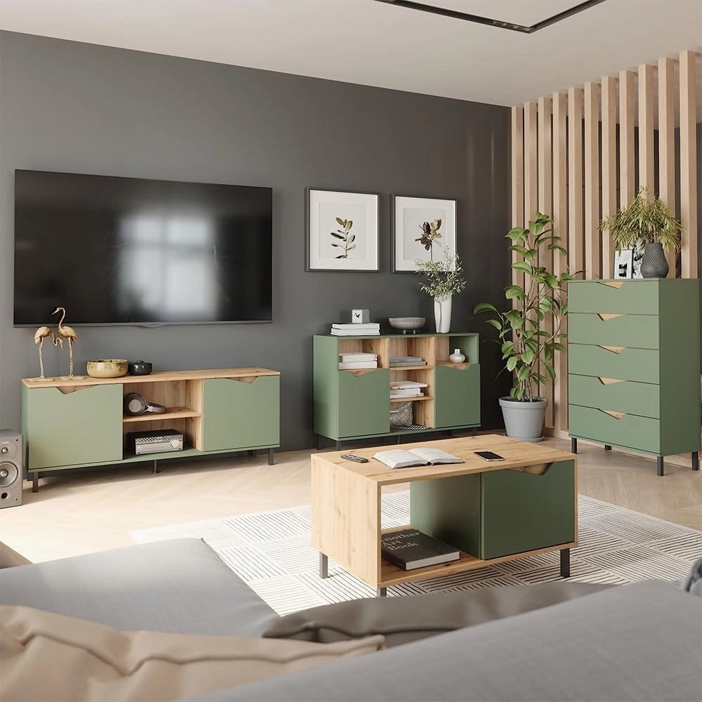 Cassettiera per camera da letto Marelle, Verde/Artigianale, 76 x 120 cm con 5 cassetti, adatto per riporre abiti e oggetti di uso quotidiano