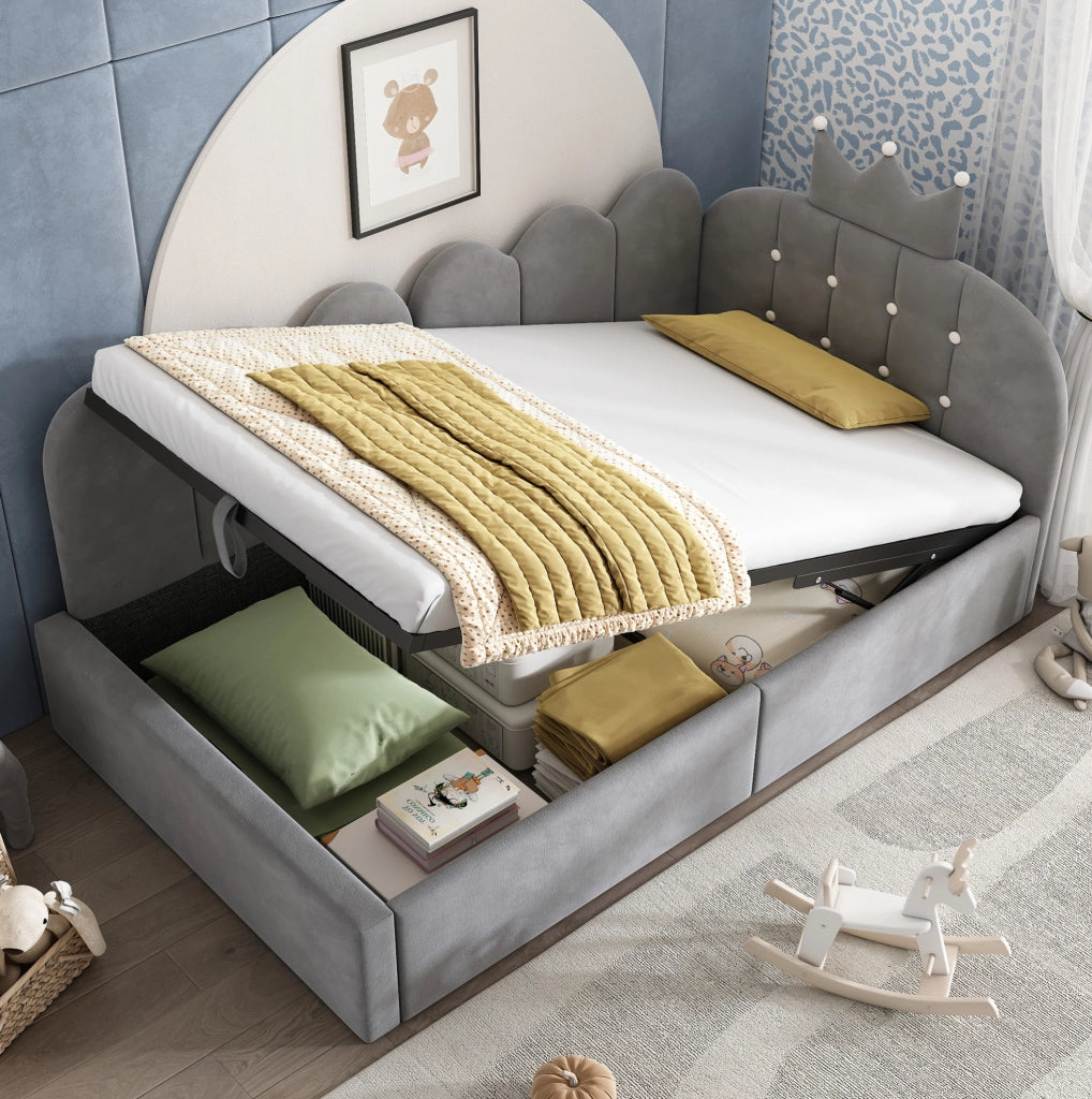Letto da giorno imbottito 90x200 cm con contenitore idraulico; velluto grigio