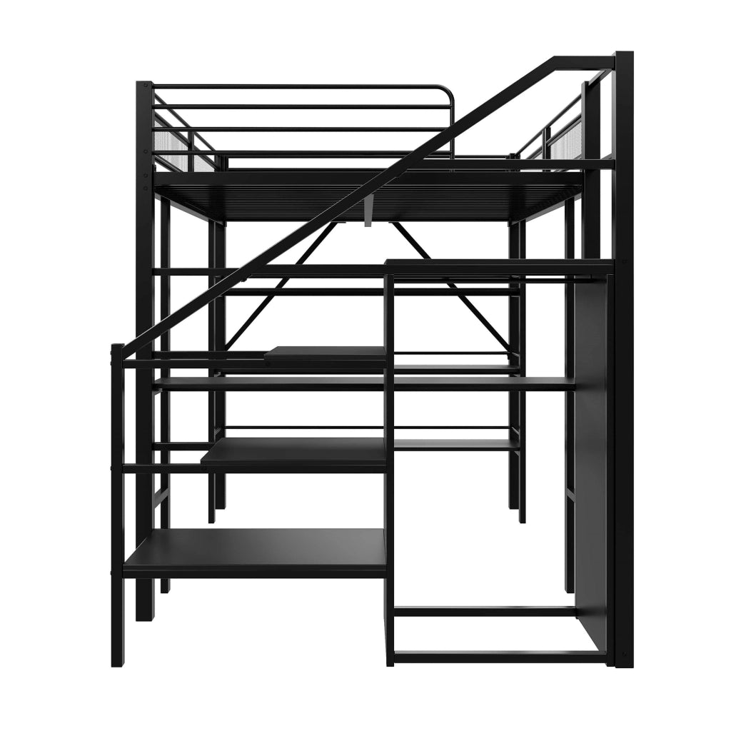 Letto alto in metallo nero con scrivania armadio e scaffali a tre livelli 140x200 cm