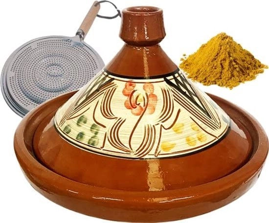 Tajine in Ceramica da 35 cm - Adatto per 8 persone - Incluso Kit di Spezie - Distributore di Fiamma - Manufatto Artigianale con Charme Unico - Cottura Lenta